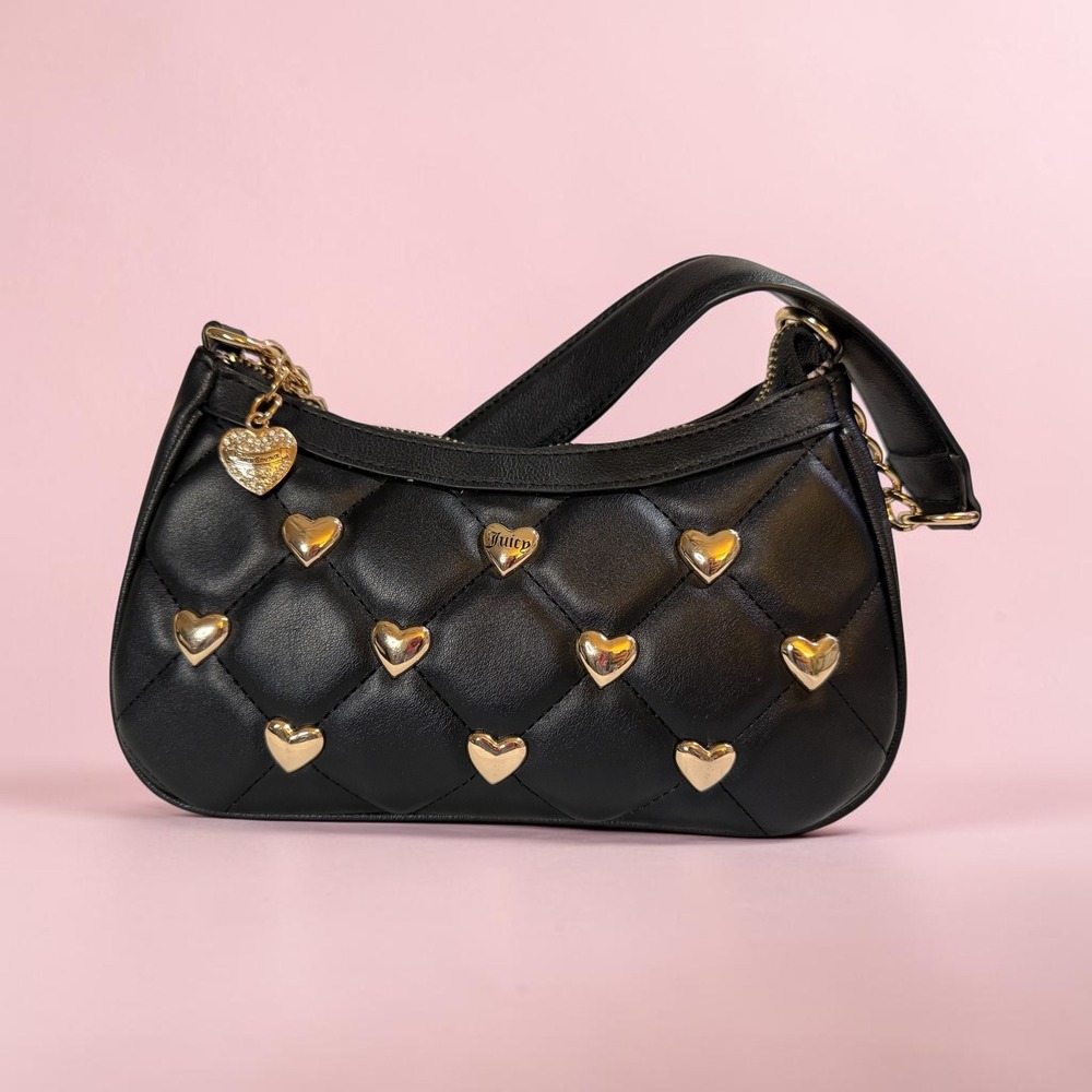 Juicy Couture Black Quilted Heart Shoulder Bag Gold Chain Y2K Purse